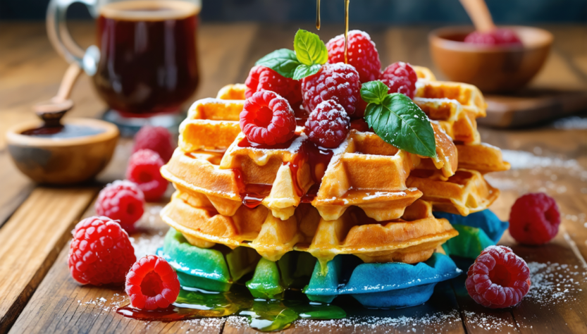 découvrez notre recette facile et rapide de gaufres arc-en-ciel à la framboise et au basilic, pour un dessert coloré et savoureux qui éveillera vos papilles à chaque bouchée.