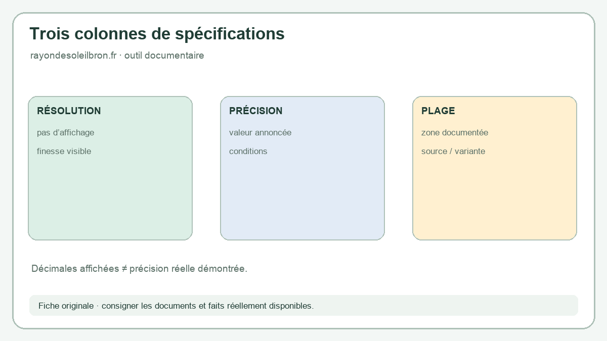Tableau documentaire séparant résolution affichée, précision annoncée et plage de validité, avec une colonne de source à vérifier.
